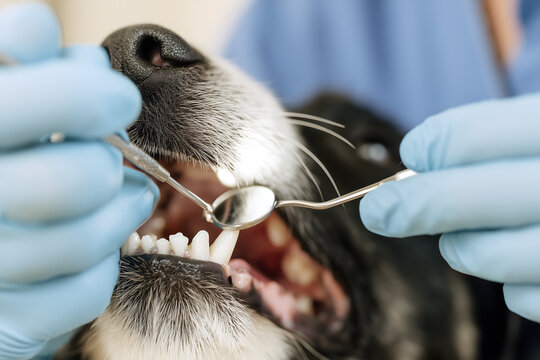 Close-up of a veterinarian&rsquo;s blue gloved hands using a dental mirror and probe to inspect the clean white teeth of a black and white dog, professional canine dental exam