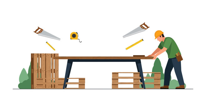 Carpenter Building Wooden Table from Recycled Pallets Flat Vector Illustration