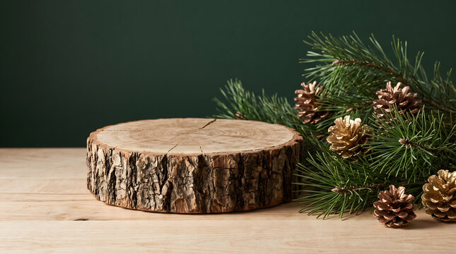 Rustic natural wood log slice product display podium on wooden table with fresh pine branches and gold painted pinecones