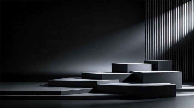 Minimal luxury panoramic empty product display podium with multiple stepped black and gray geometric platforms on dark background with beautiful natural light