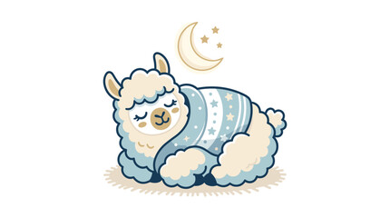 Fototapeta premium Flat vector illustration of a cute white alpaca sleeping peacefully wrapped in a blue starry blanket under a crescent moon and stars, isolated on a white background.
