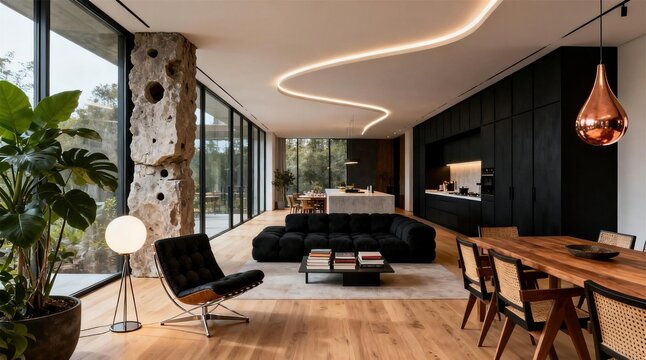 Luxurious modern open concept living room and kitchen with black furniture stone column large glass windows and wooden floor showing contemporary residential interior design