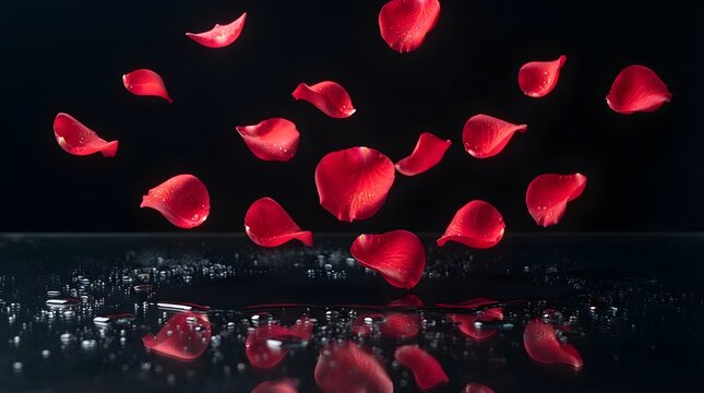 Vibrant red rose petals falling and floating gracefully over a dark reflective surface creating an elegant and romantic atmosphere