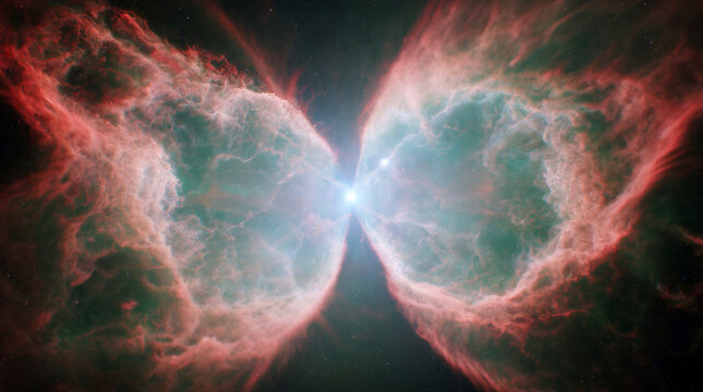 Planetary nebula butterfly configuration showing twin lobes of ionized gas expanding symmetrically from a central dying star with intricate knots