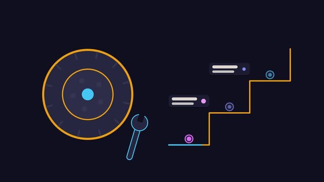 Seamless 4K looping animation illustrating fix flat tire. Flat vector shapes, glowing blue and azure details and dark interface cards with blank text placeholders sit on a deep dark background, leavin