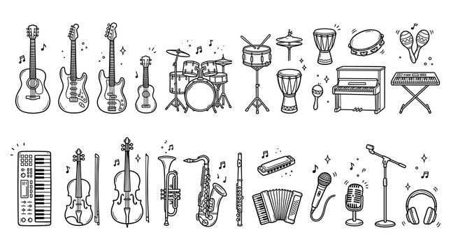 Music Sketch Outline Vector Collection Featuring Guitar Drums Microphone Headphones Tape Recorder Audio Gear and Musical Symbols