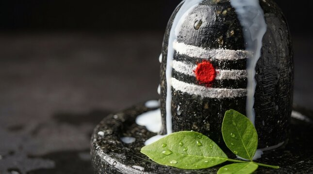 Black Shiva Lingam with Milk Abhishekam and Green Leaves for Maha Shivaratri