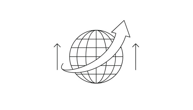 Line art global growth concept featuring a wireframe earth globe intersected by an upward rising arrow and vertical tracking arrows.