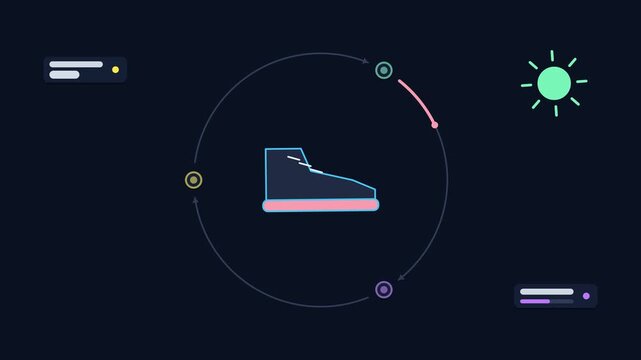 Seamless 4K looping animation illustrating morning run route. Flat vector shapes, glowing blue and azure details and dark interface cards with blank text placeholders sit on a deep dark background, le