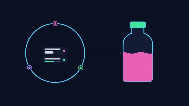 Animated drink enough water scene in a modern dark mode style with neon purple and violet accents and placeholder cards on a dark background. Smooth 4K seamless loop with room for text. Widescreen 16: