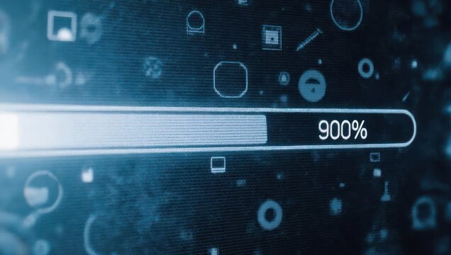 Progress bar indicating 900 percent completion, digital technology concept.