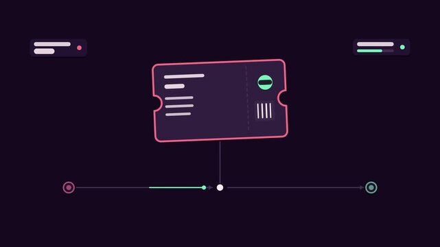 Seamless 4K looping animation illustrating use discount coupon. Flat vector shapes, glowing purple and violet details and dark interface cards with blank text placeholders sit on a deep dark backgroun