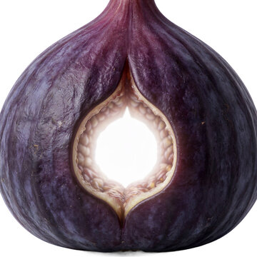 Deep purple fig with glowing white light from natural ostiole opening isolated on transparent background