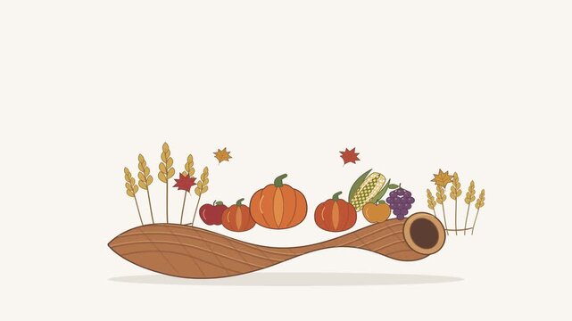 Thanksgiving cornucopia with pumpkins and autumn harvest fruits, flat vector animation of seasonal fall abundance, festive holiday horn of plenty