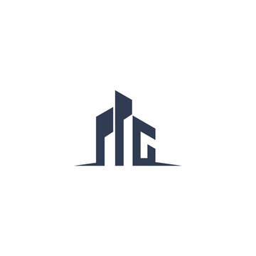 Modern real estate logo design featuring geometric skyscrapers or office buildings. Clean architectural silhouette in navy blue color. Perfect for property development, construction companies.