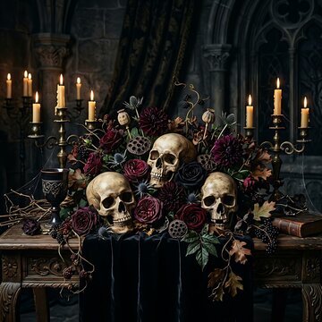 Halloween skulls with autumn leaves and candles.