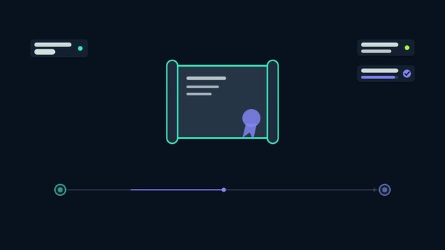 Seamless 4K looping animation illustrating receive diploma. Flat vector shapes, glowing blue and azure details and dark interface cards with blank text placeholders sit on a deep dark background, leav