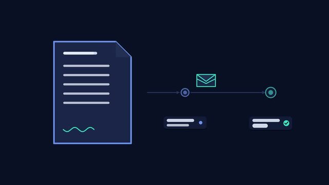 Seamless 4K looping animation illustrating write cover letter. Flat vector shapes, glowing blue and azure details and dark interface cards with blank text placeholders sit on a deep dark background, l