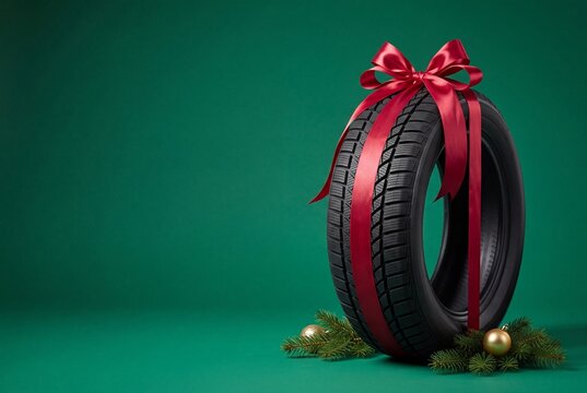 Winter tire wrapped in red ribbon as christmas gift
