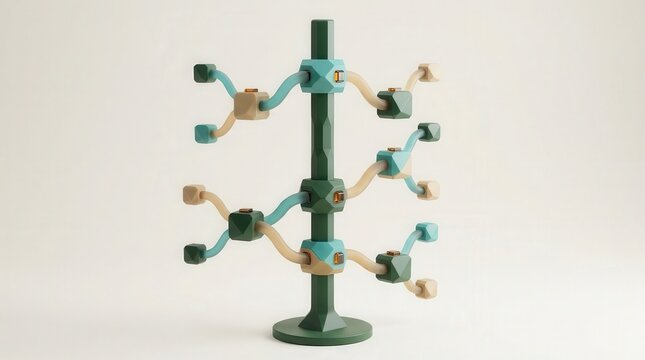 Data structure model displays interconnected nodes on a vertical support stand.
