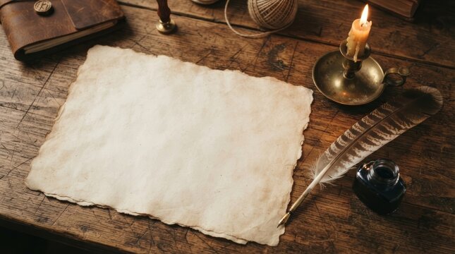 Blank aged parchment paper on rustic wooden desk with feather quill, inkwell and burning candle. Leather journal, wax seal and twine on old writing table. Vintage correspondence, letter