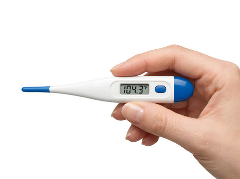 Hand holding a digital thermometer showing a high fever isolated on transparent background