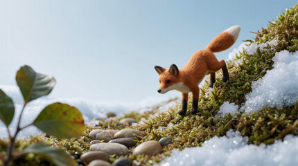 Fototapeta premium Rust orange felted fox sliding down a mossy slope with snow on forest floor