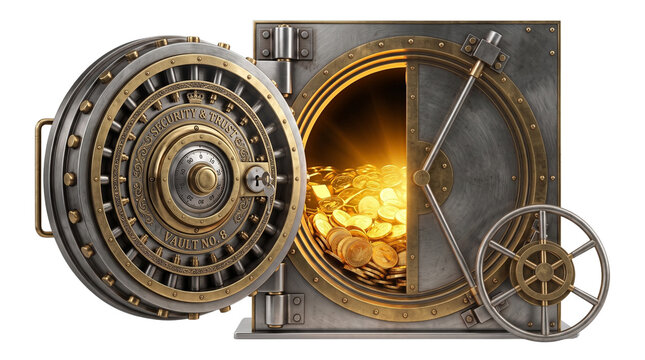 Vintage bank vault door open to glowing gold coins, heavy steel security safe, financial wealth and investment security concept