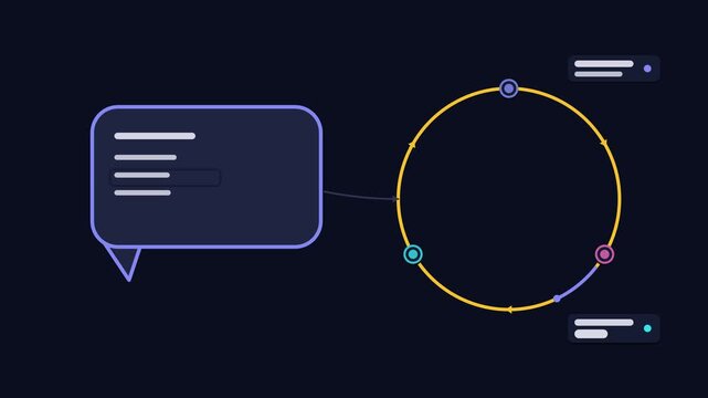 Seamless 4K looping animation illustrating client feedback round. Flat vector shapes, glowing blue and azure details and dark interface cards with blank text placeholders sit on a deep dark background