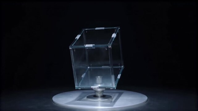 Glass data cube rotating on a luminous pedestal