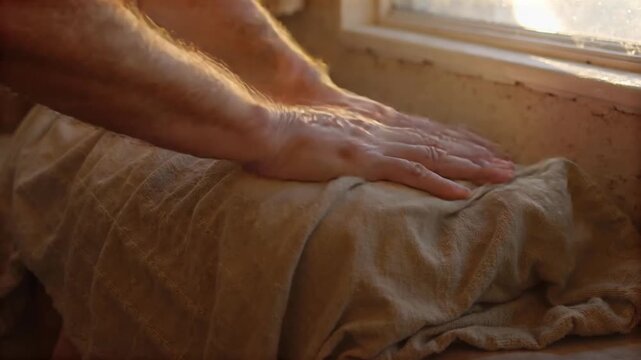 Hands smoothing a linen blanket over bent knees