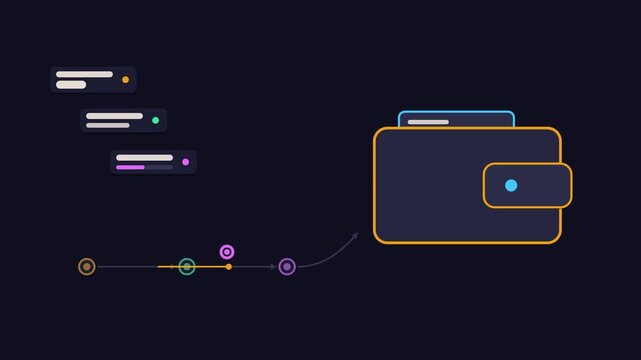 Seamless 4K looping animation illustrating receive payout. Flat vector shapes, glowing blue and azure details and dark interface cards with blank text placeholders sit on a deep dark background, leavi