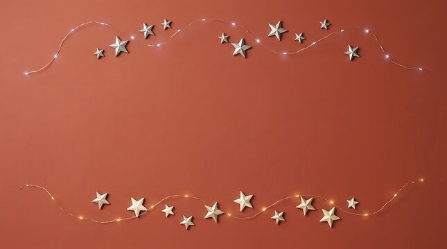 Festive terracotta brown holiday background featuring top and bottom decorative metallic silver and gold star borders intertwined with glowing fairy light strings and central empty copy spac
