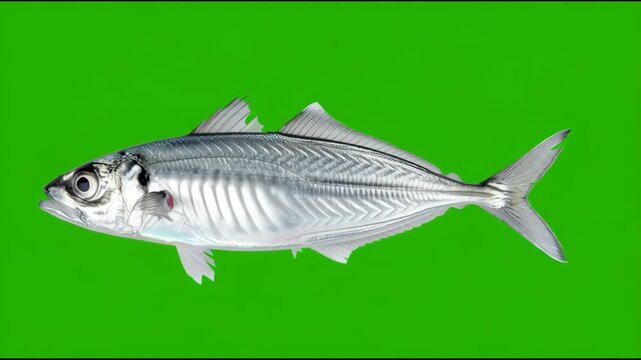 A clown scad with silvery body, isolated on a green background