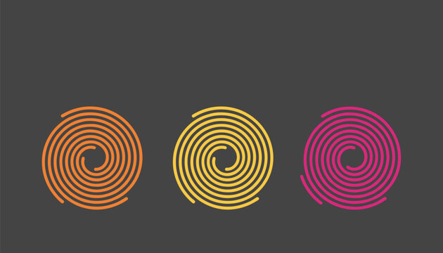 Three vibrant spiral line icons in orange yellow and pink aligned on dark gray background