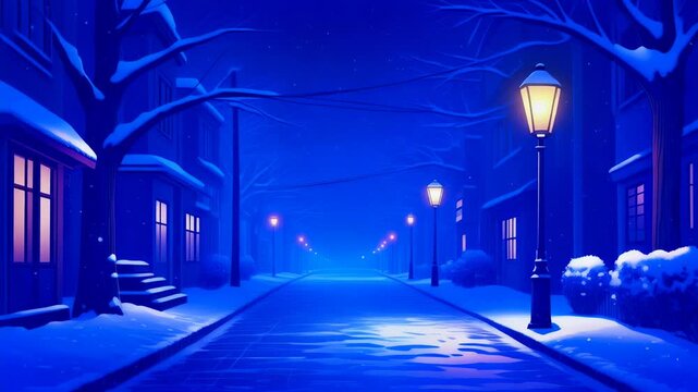 雪がしんしんと降る冬の夜道と街灯のアニメ風景