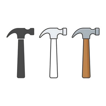 Set of three hammer vector icons showing silhouette outline and colored variations