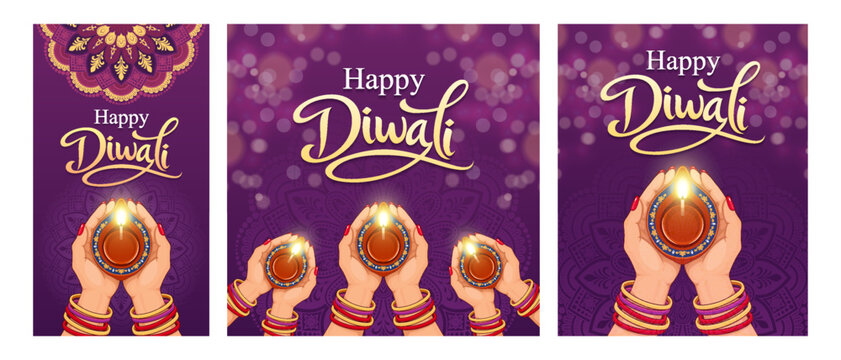 Happy Diwali Greeting Card Bundle with Decorative Mandala, Glowing Oil Lamps and Hands, Purple Festive Background, Elegant Gold Lettering, Indian Festival Vector Design Set