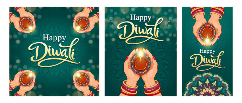 Happy Diwali Greeting Card Bundle with Teal Background, Glowing Diyas, Mandala Patterns, Gold Calligraphy and Hands Holding Oil Lamps, Indian Festival Vector Design Collection Set