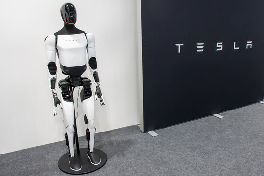 Tesla humanoid robot displayed at an exhibition.