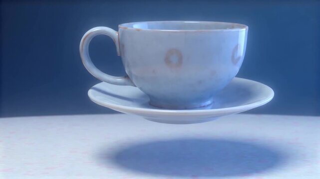Surreal porcelain teacup levitating over a saucer