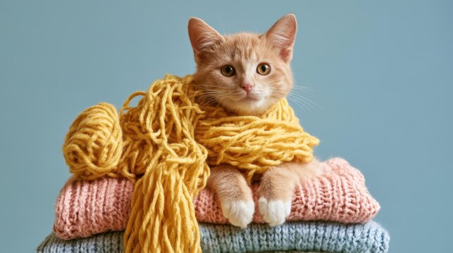 Adorable orange cat wrapped in cozy yellow yarn scarf sitting on folded pink and blue knitted sweater with blue background