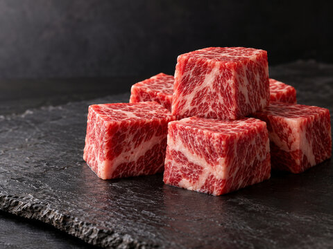 Premium marbled beef cubes on dark stone surface