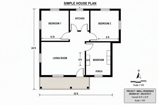 Simple Small House Floor Plan, Architectural Layout with Dimensions