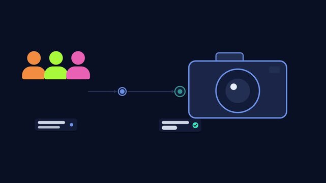 Seamless 4K looping animation illustrating take group photo. Flat vector shapes, glowing blue and azure details and dark interface cards with blank text placeholders sit on a deep dark background, lea