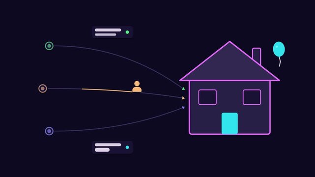 Seamless 4K looping animation illustrating welcome the guests. Flat vector shapes, glowing purple and violet details and dark interface cards with blank text placeholders sit on a deep dark background