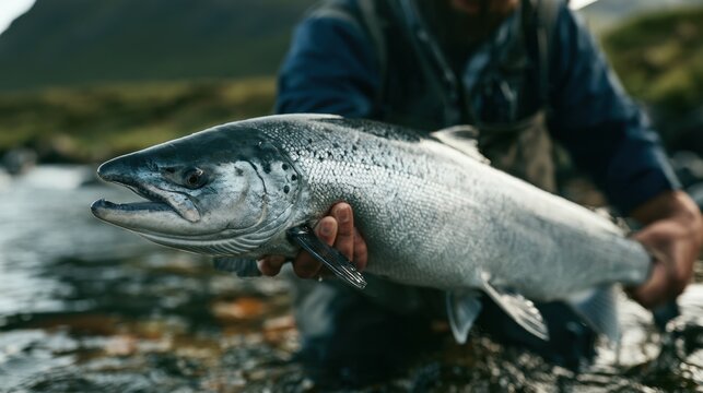 Close-up of fisherman holding freshly caught silver fish by riverbank in natural outdoor setting during daytime