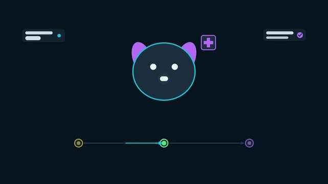 Seamless 4K looping animation illustrating first vet visit. Flat vector shapes, glowing blue and azure details and dark interface cards with blank text placeholders sit on a deep dark background, leav