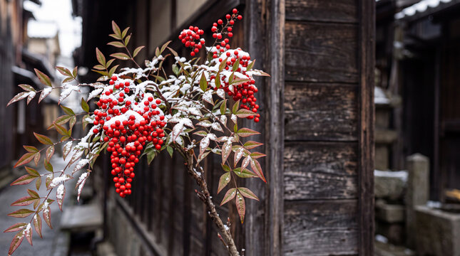 Nandina branch with red berries and fresh snow against a dark weathered wooden wall