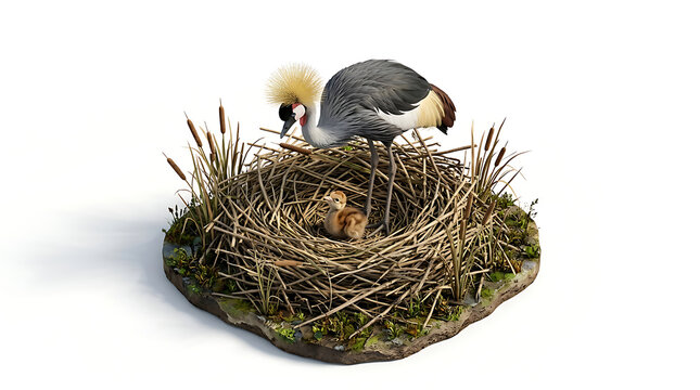 Grey crowned crane tending baby chick inside twig nest 3d isometric diorama isolated on white background cut out.